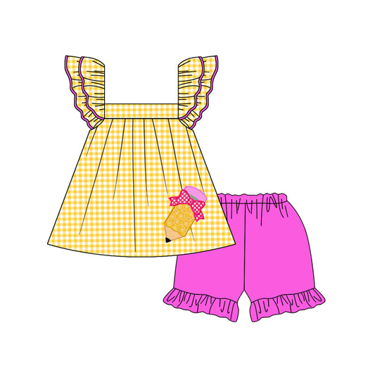 Baby Girls Back To School Pencil Tunic Ruffle Shorts Clothes Sets Preorder