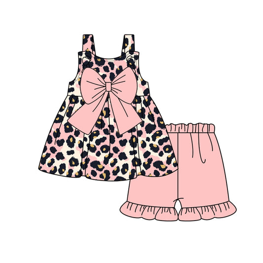 Baby Girls Pink Leopard Bow Tunic Top Ruffle Shorts Clothes Sets Preorder