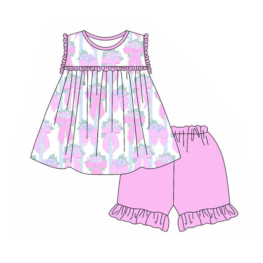 Baby Girls Pink Flowers Bows Tunic Top Ruffle Shorts Clothes Sets Preorder