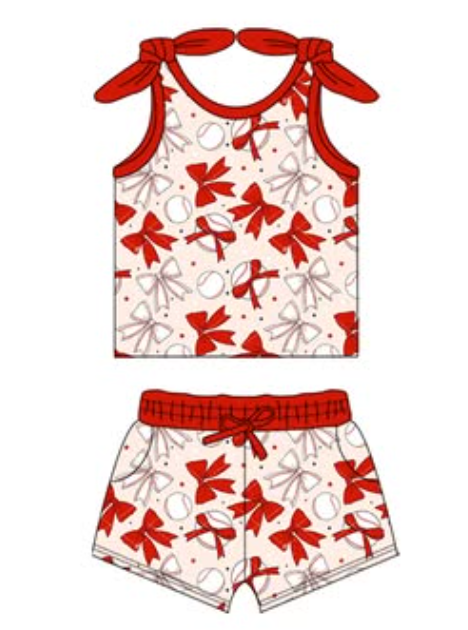 Baby Girls Red Baseball Bows Shirt Top Shorts Clothes Sets Preorder
