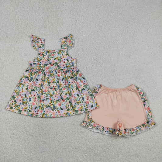 Baby Girls Flutter Sleeve Colorful Flowers Tunic Ruffle Shorts Clothes Sets