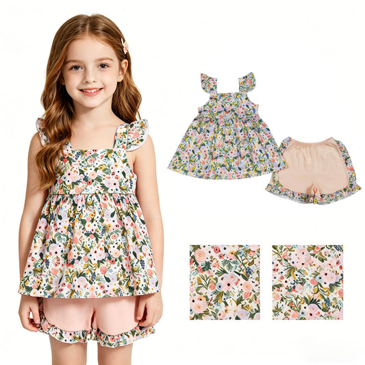 Baby Girls Flutter Sleeve Colorful Flowers Tunic Ruffle Shorts Clothes Sets