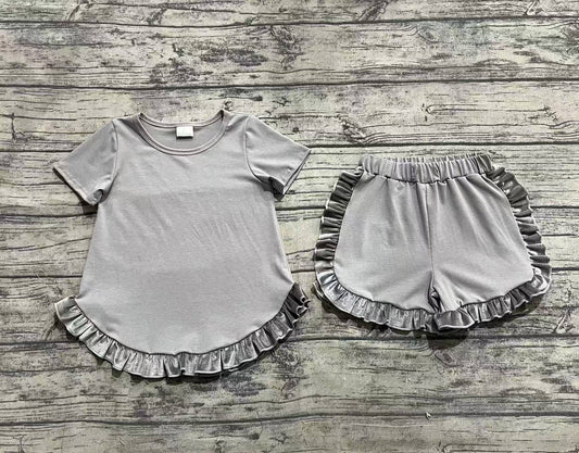 Baby Girls Grey Cotton Top Ruffle Shorts Clothes Sets
