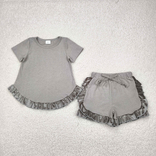 Baby Girls Grey Cotton Top Ruffle Shorts Clothes Sets