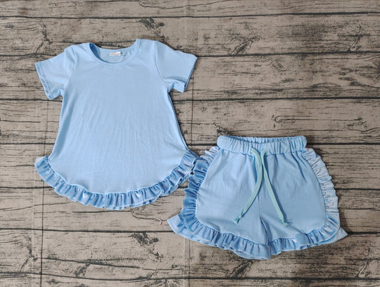 Baby Girls Blue Cotton Top Ruffle Shorts Clothes Sets