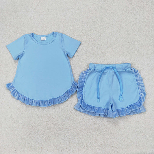 Baby Girls Blue Cotton Top Ruffle Shorts Clothes Sets