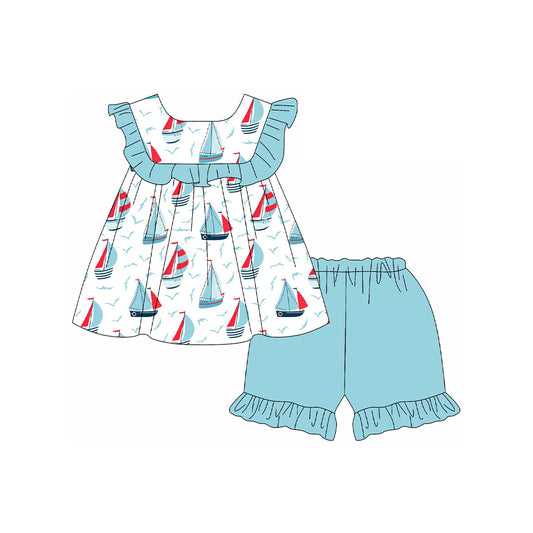 Baby Girls Sailboat Ruffle Tunic Top Shorts Clothes Sets Preorder