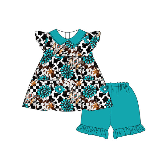 Baby Girls Turquoise Cow Flutter Sleeve Tunic Top Ruffle Shorts Clothes Sets Preorder