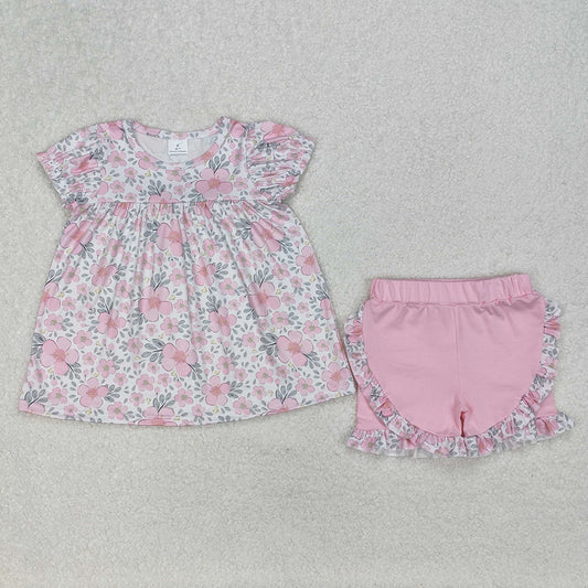 Baby Girls Pink Flowers Leaves Tunic Top Ruffle Shorts Clothes Sets