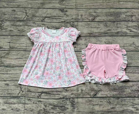 Baby Girls Pink Flowers Leaves Tunic Top Ruffle Shorts Clothes Sets