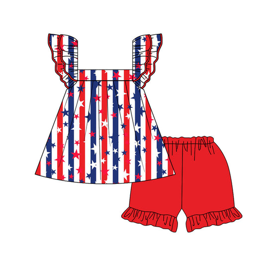 Baby Girls 4th Of July Stars Stripes Tunic Top Shorts Clothes Sets Preorder