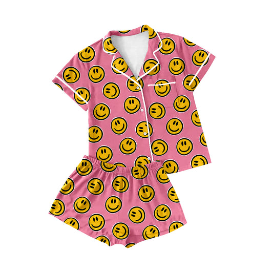 Adult Women Pink Smiles Lapel Buttons Tops Shorts Pajamas Preorder