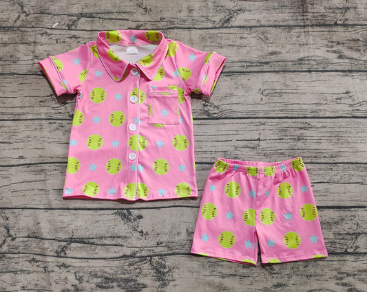 Baby Girls Baseball Stars Buttons Top Shorts Pajamas Clothes Sets