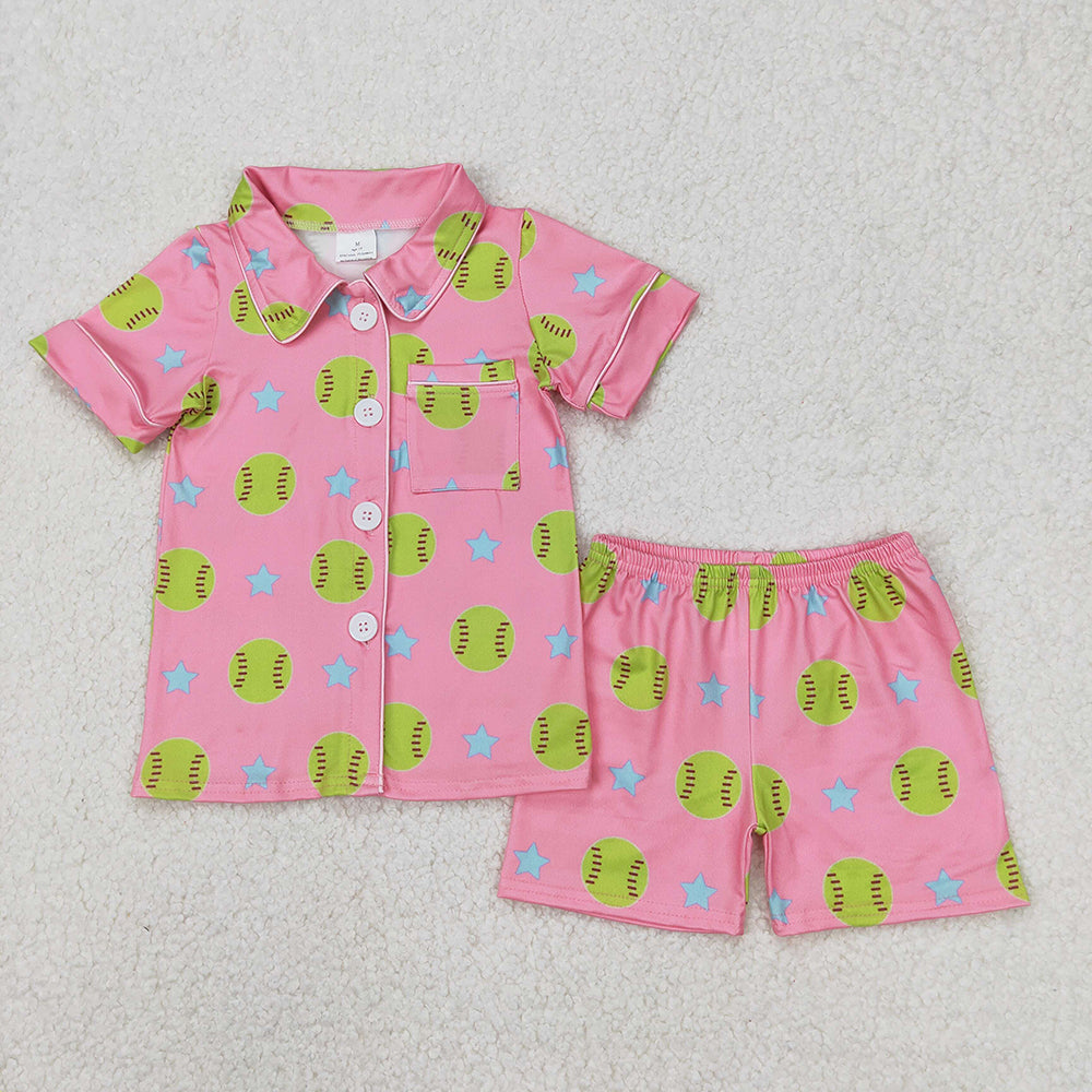 Sibling Baby Girls Pink Sports Buttons Top Shorts Pajamas Outfits