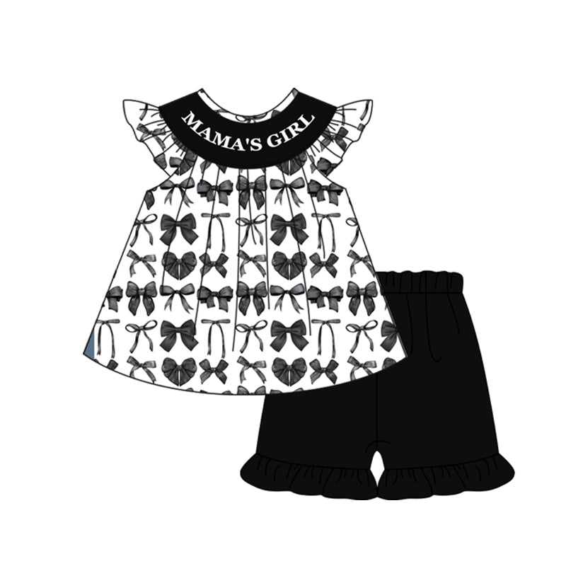 Baby Girls Mama's Girl Black Bows Tunic Top Ruffle Shorts Clothes Sets Preorder