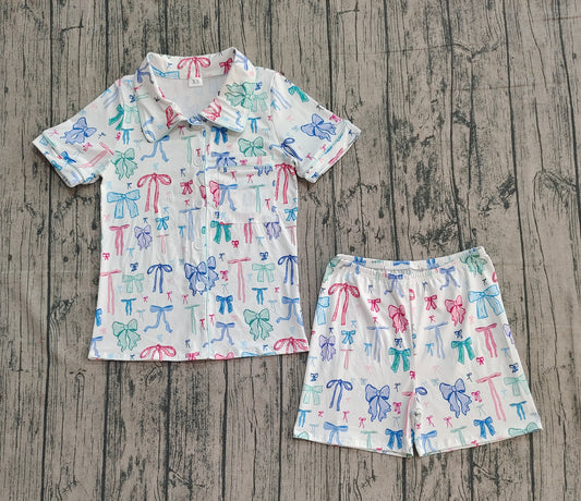 Adult Women Colorful Bows Lapel Buttons Tops Shorts Pajamas