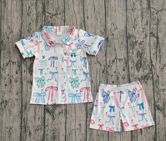 Baby Girls Colorful Bows Buttons Shirts Top Shorts Pajamas Sets