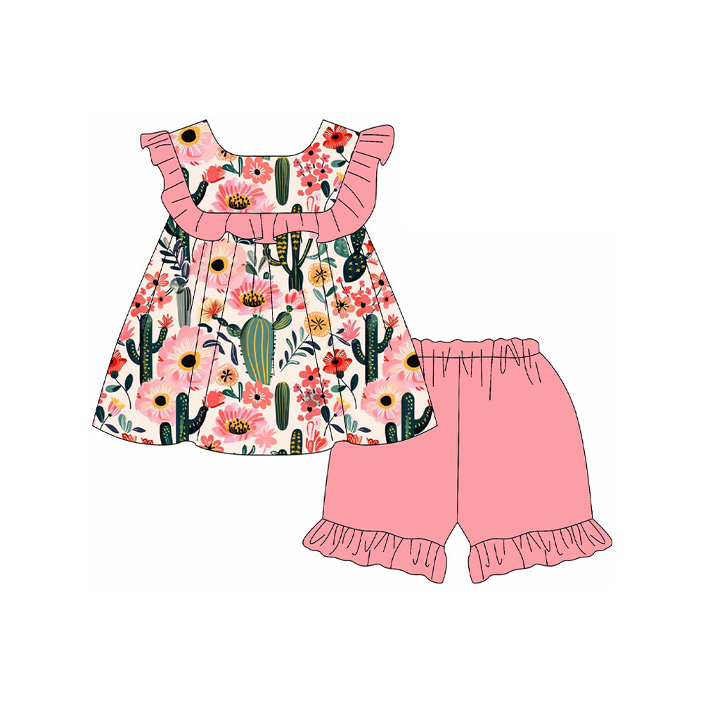 Baby Girls Western Cactus Flowers Tunic Ruffle Shorts Sets Preorder