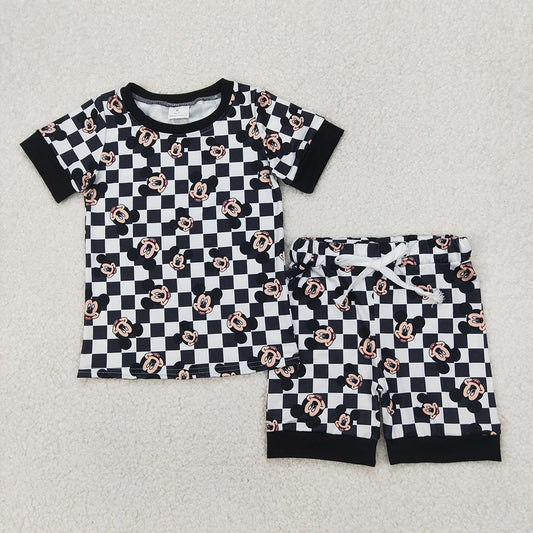 Baby Girls Black Checkered Mouse Top Tee Shorts Clothes Sets