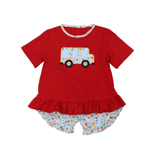 Baby Girls Red Flowers Bus Tee Ruffle Shorts Clothes Sets preorder