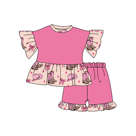 Baby Girls Pink Western Boots Bows Tops Shorts Clothes Sets preorder