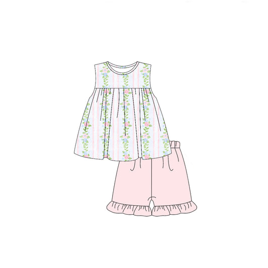 Baby Girls Pink Stripes Flowers Tunic Tops Shorts Clothes Sets preorder