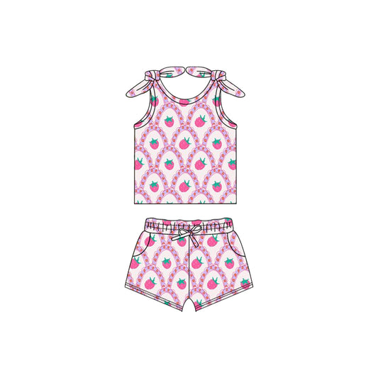 Baby Girls Pink Strawberry Bows Tie Tops Shorts Clothes Sets preorder