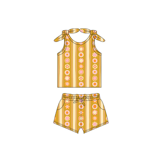 Baby Girls Mustard Stripes Flowers Bows Tie Tops Shorts Clothes Sets preorder