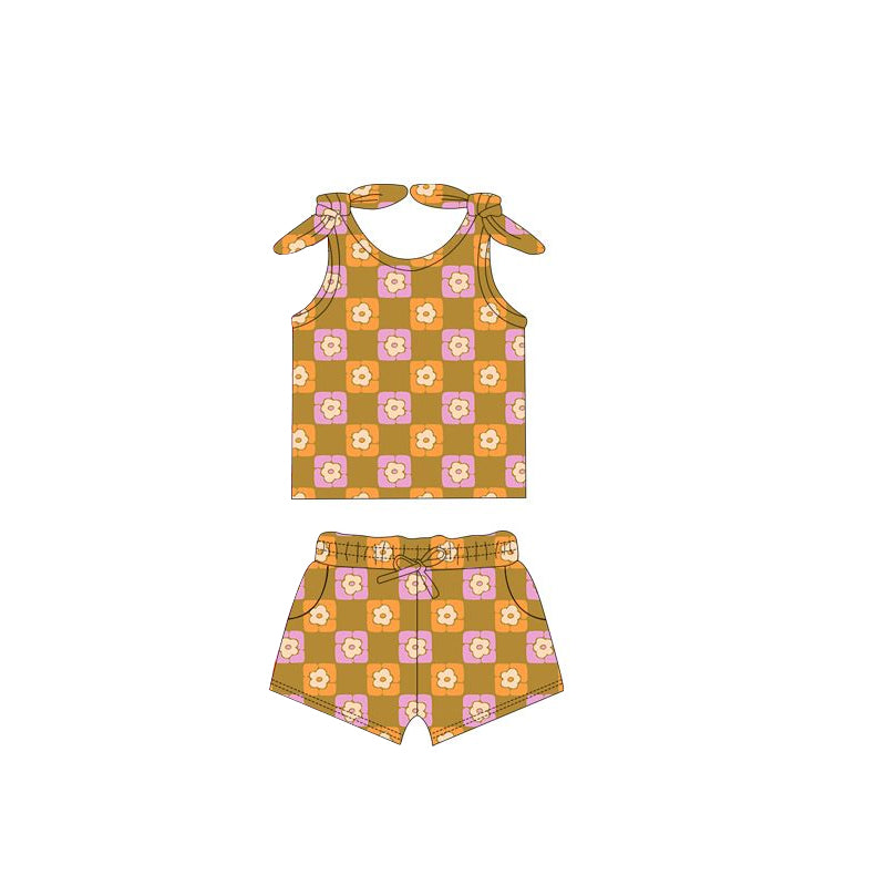 Baby Girls Brown Checkered Flowers Bows Tie Tops Shorts Clothes Sets preorder