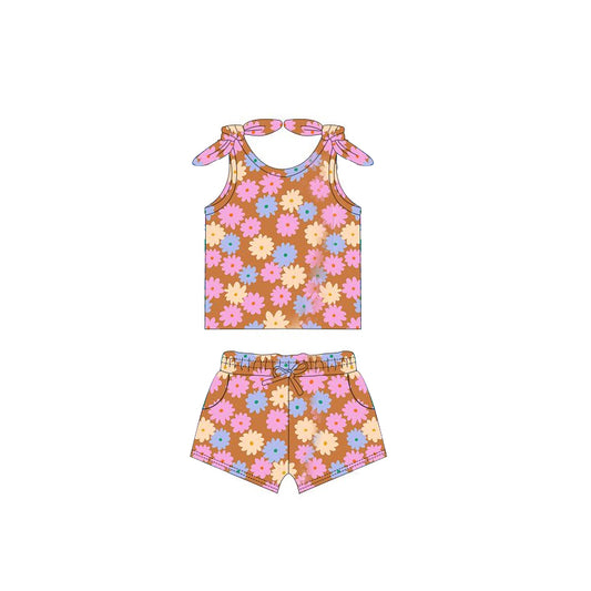 Baby Girls Brown Flowers Bows Tie Tops Shorts Clothes Sets preorder