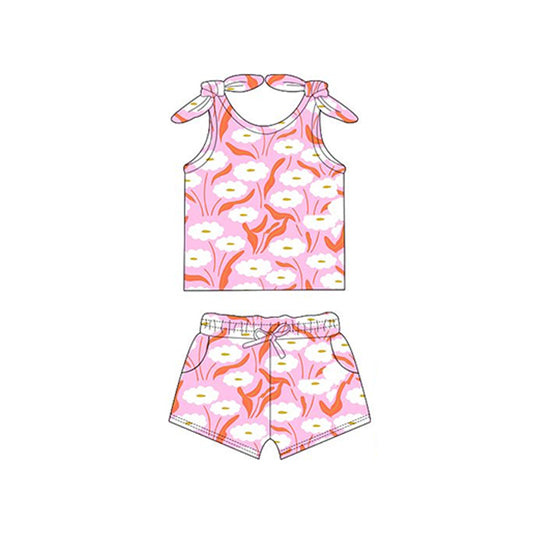 Baby Girls Pink White Flowers Bows Tie Tops Shorts Clothes Sets preorder
