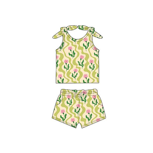 Baby Girls Green Flowers Bows Tie Tops Shorts Clothes Sets preorder