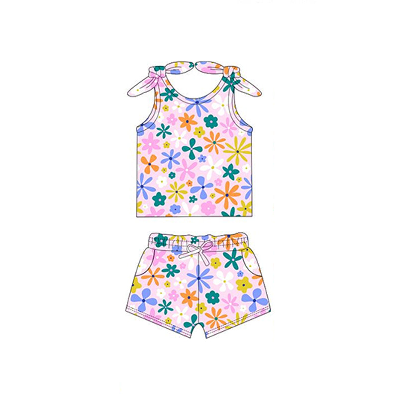Baby Girls Pink Flowers Bows Tie Tops Shorts Clothes Sets preorder