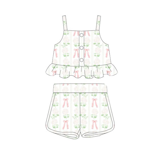 Baby Girls Pink Flowers Bows Ruffle Tops Shorts Clothes Sets preorder