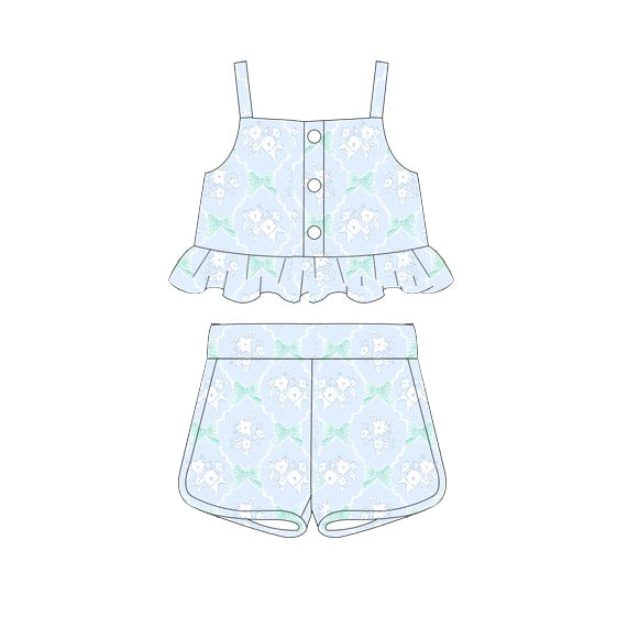 Baby Girls Blue Flowers Bows Ruffle Tops Shorts Clothes Sets preorder