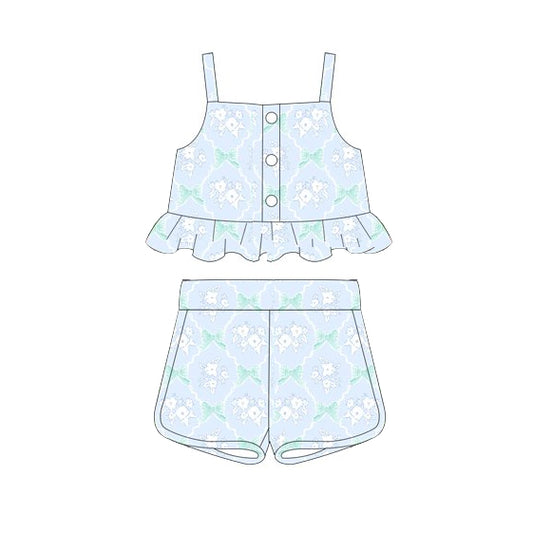 Baby Girls Blue Flowers Bows Ruffle Tops Shorts Clothes Sets preorder