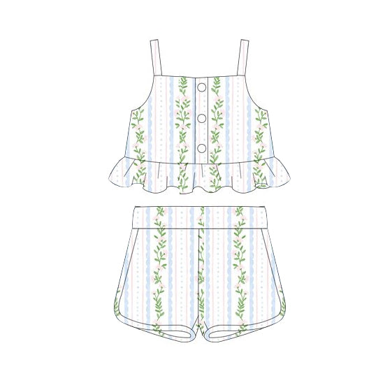 Baby Girls Green Flowers Ruffle Tops Shorts Clothes Sets preorder