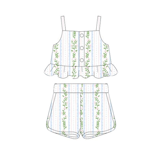 Baby Girls Green Flowers Ruffle Tops Shorts Clothes Sets preorder