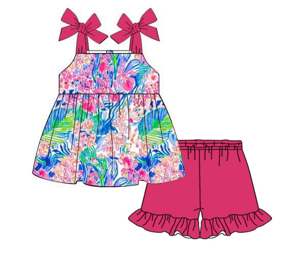 Baby Girls Seaweed Straps Tunic Tops Ruffle Shorts Clothes Sets preorder