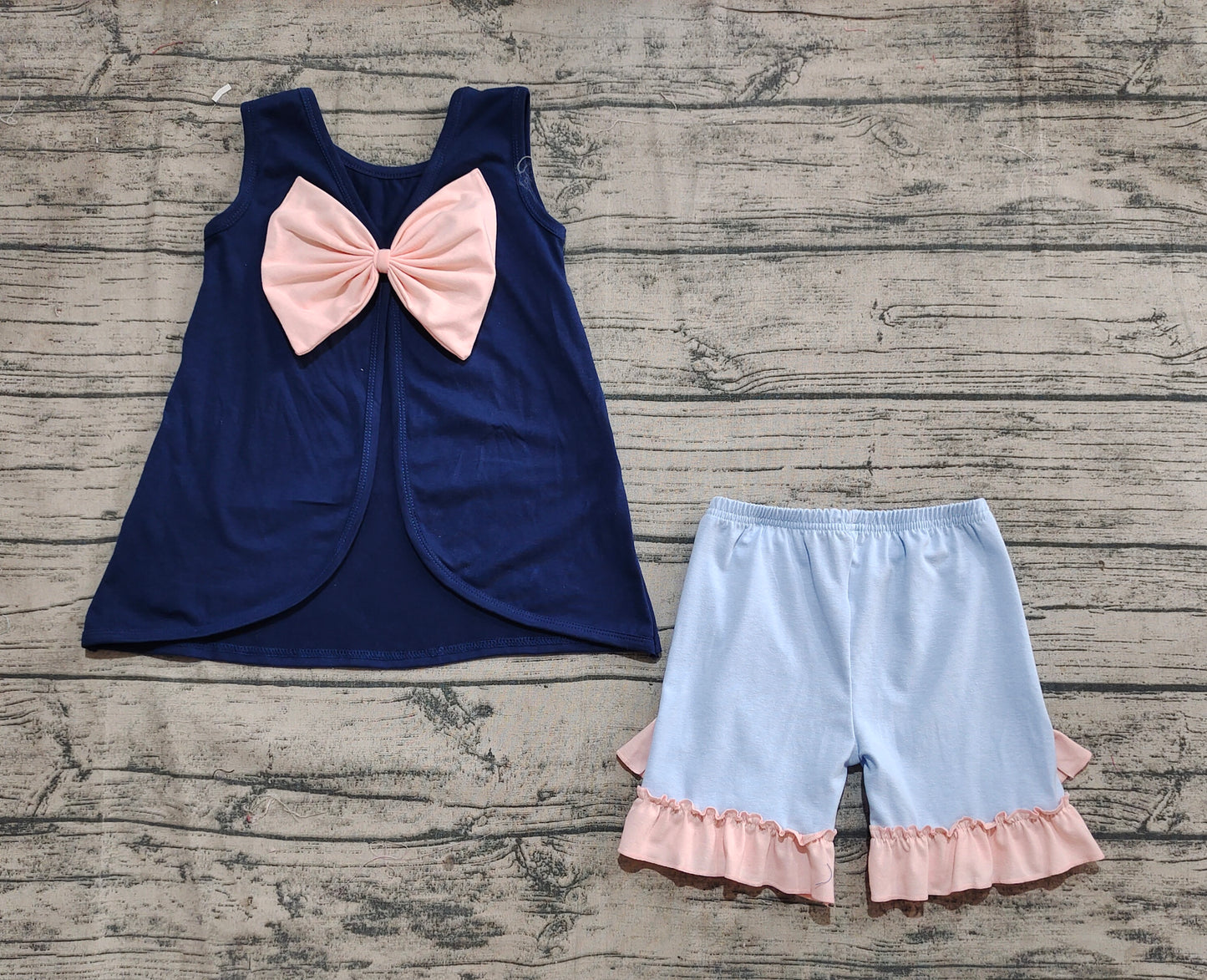 Baby Girls Navy Big Bow Back Tunic Tops Ruffle Shorts Clothes Sets