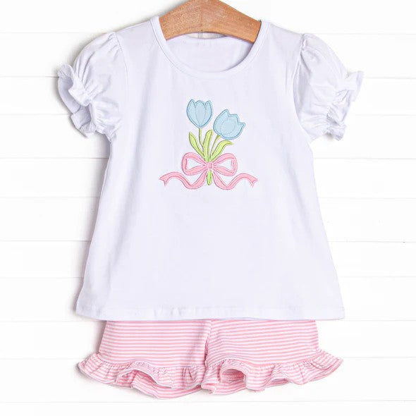 Embroidery Baby Girls White Tulip Bow Tops Ruffle Shorts Clothes Sets