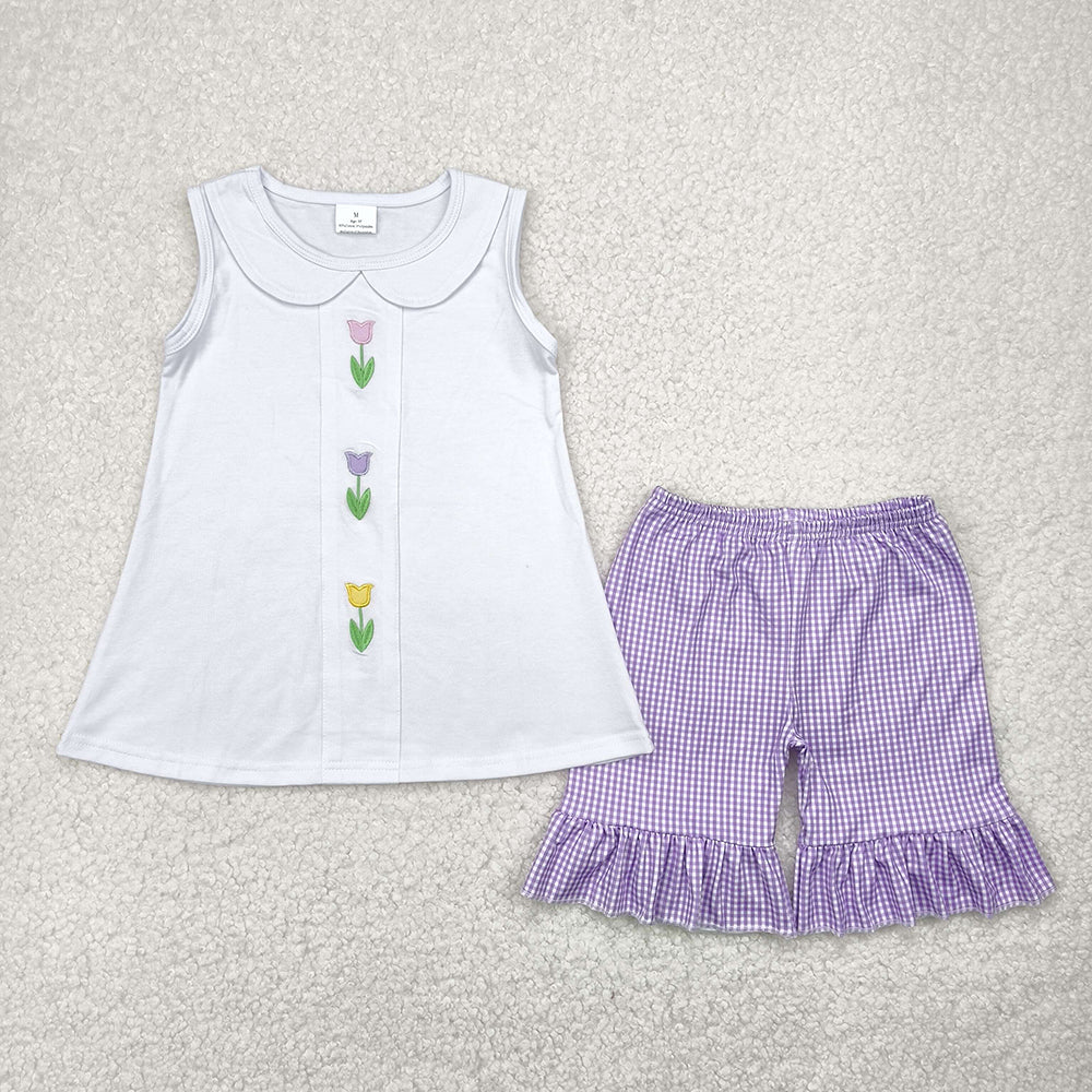 Embroidery Baby Girls White Tulips Tunic Tops Shorts Clothes Sets