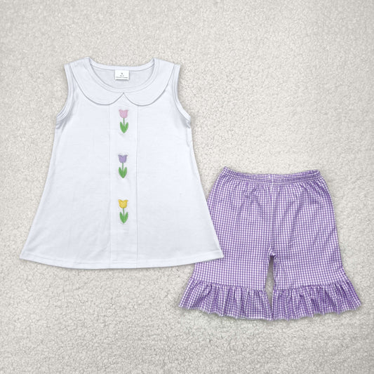 Sibling Embroidery Baby Girls Flowers Bows Tops Ruffle Shorts Clothes Sets