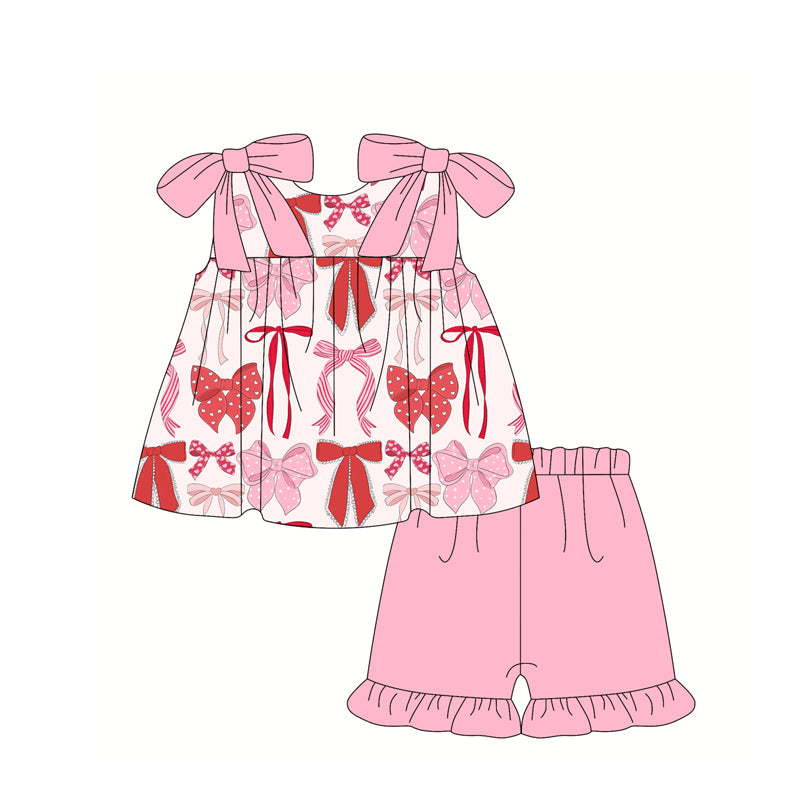 Baby Girls Pink Bows Straps Tunic Tops Ruffle Shorts Clothes Sets preorder
