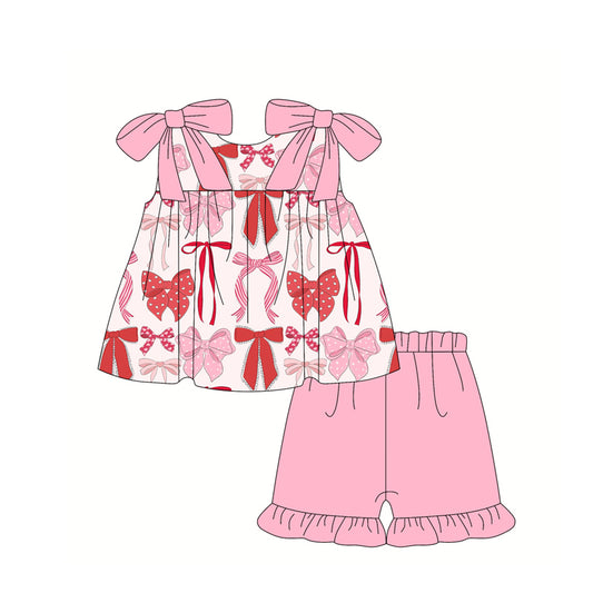 Baby Girls Pink Bows Straps Tunic Tops Ruffle Shorts Clothes Sets preorder