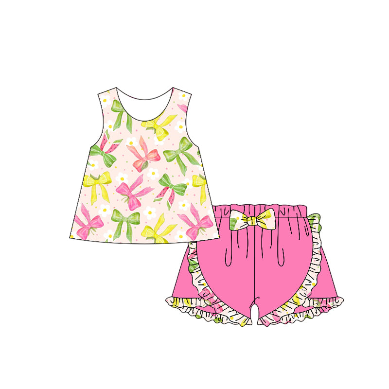 Preorder moq 5 Baby Girls Watermelon Bows Tunic Tops Ruffle Shorts Clothes Sets