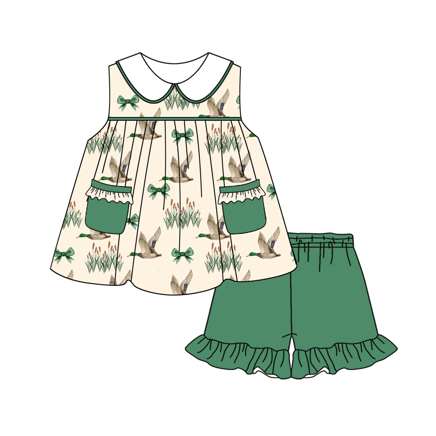 Baby Girls Green Ducks Pockets Tunic Tops Ruffle Shorts Clothes Sets preorder