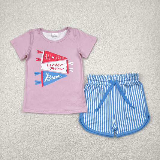 Baby Girls Flag Pink Short Sleeve Tee Tops Stripes Shorts Clothes Sets