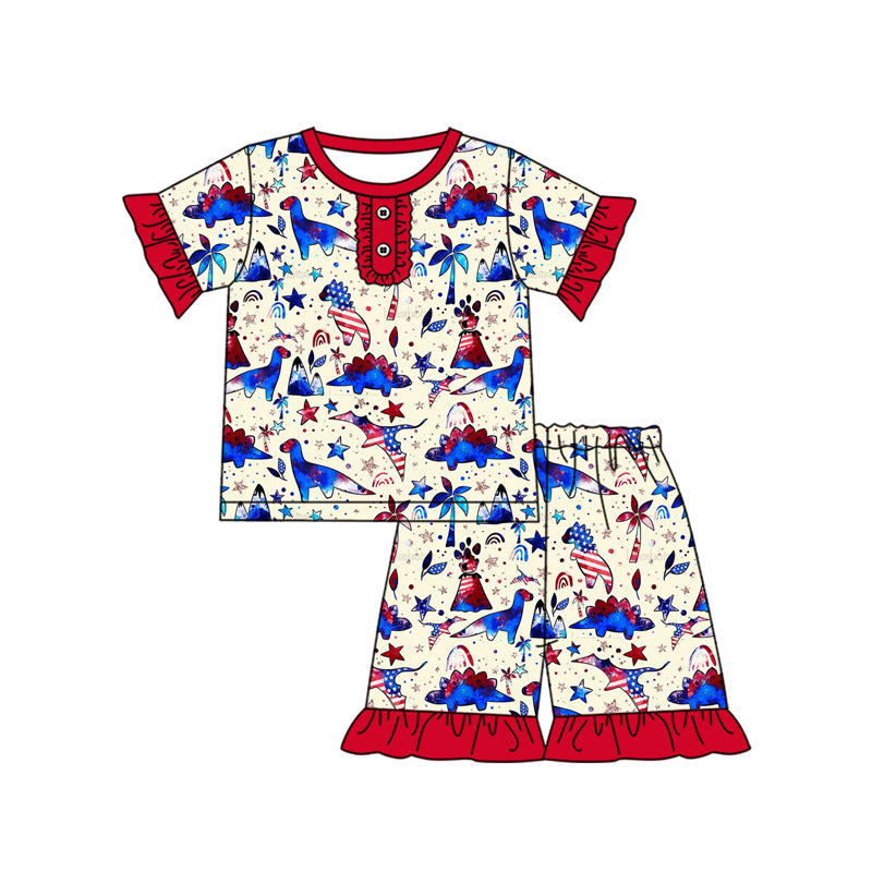Baby Girls 4th Of July Dinosaur Shirt Ruffle Shorts Pajamas Clothes Sets preorder
