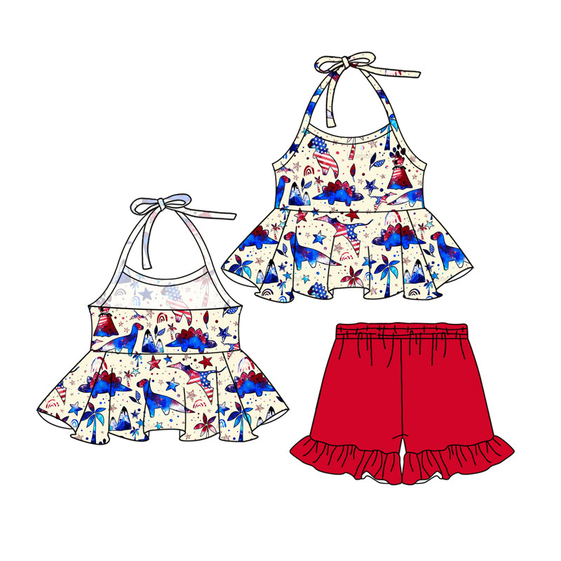 Baby Girls 4th Of July Dinosaur Halter Tunic Ruffle Shorts Clothes Sets preorder